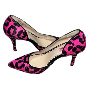 Betsey Johnson Contro -P Leather Real Fur Pink/Black Leopard High Heels, Size 9M
